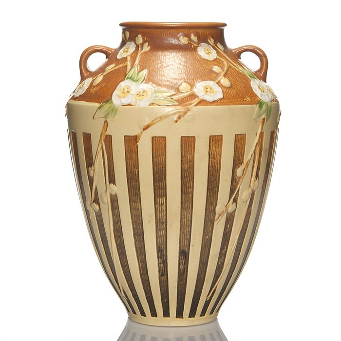 Roseville Cherry Blossom vase, 15 1/2” brown, 628: Generous size Cherry Blossom vase rising 15 1/2 inches under a brown and yellow glaze. Shape 628 is marked in red crayon below. Flat nicks at the base rim, largest 1/4 inches and a 1/2 inch aged flat 
