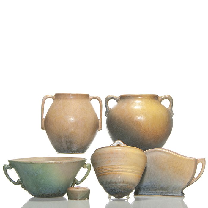 5 Earlam items, wall pocket, 3 vases 7”, bowl w/frog: Five Earlam items consisting a wall pocket (crazed glaze), 3 vases, tallest 7 inches and a bowl with flower frog. Otherwise, all in excellent condition.