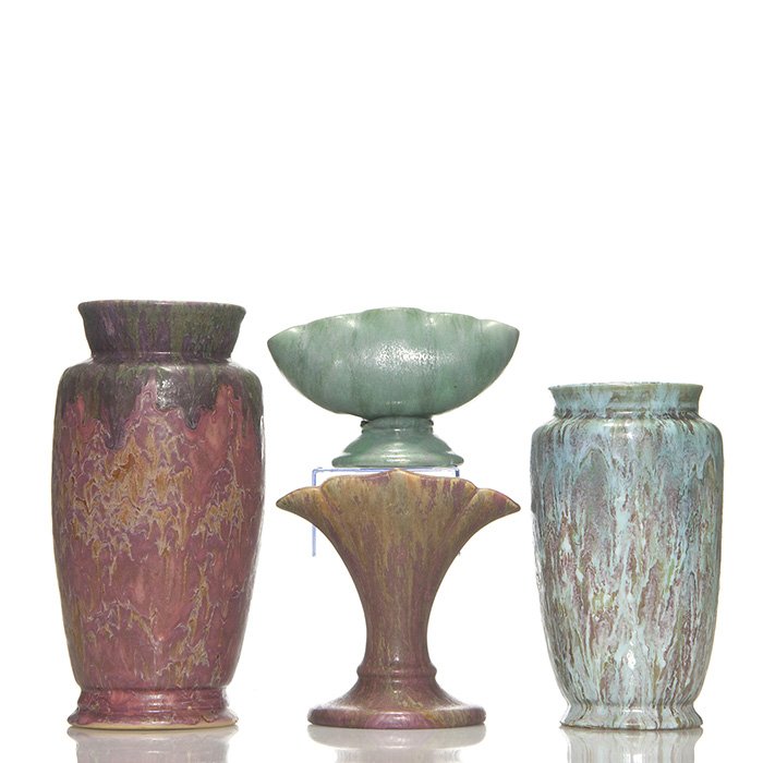 4 Carnelian II items, 3 vases, flower holder, 10 1/8”: Group of four Roseville Carnelian II items including fan shaped vase in pink and green, shape 352-6, a green-gray flower holder, shape 50-4, an unusual vase with green, blue and white drips on a tan g