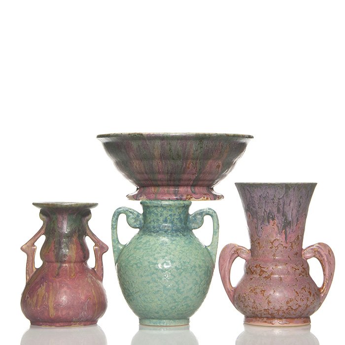 4 Roseville Carnelian II pieces, tallest 8 1/4”: Four Roseville Carnelian II pieces, each originally fired as Carnelian. Shapes include 332-8”, 311-7”, 310-7” and a bowl 4 inches high by 9 3/4 inches in diameter. Shapes 310 and 311 are marked 