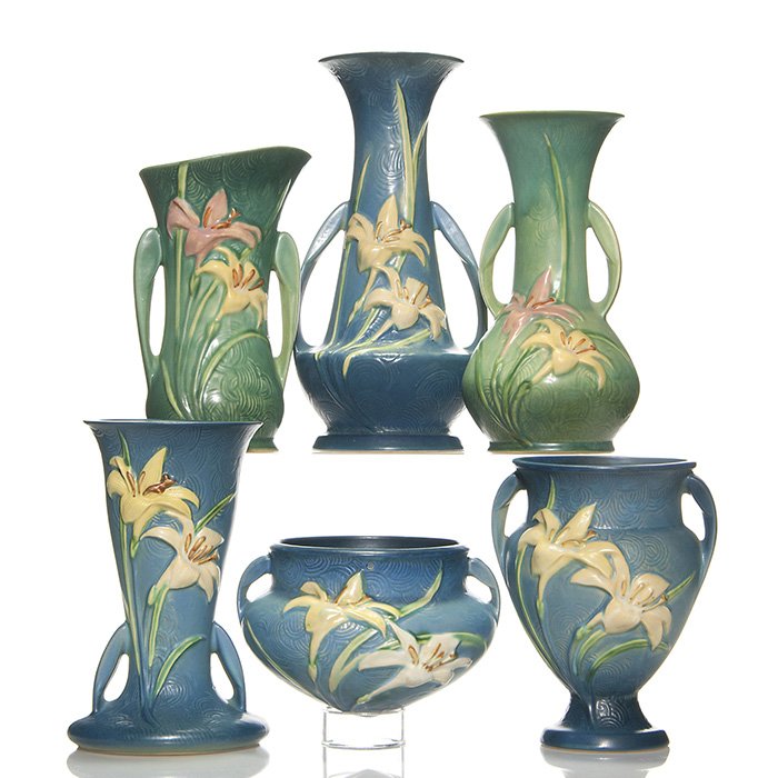 6 Zephyr Lily: hanging basket, 5 vases, 12 1/2”: Six Zephyr Lily, a hanging basket and 5 vases, tallest 12 1/2 inches. Rim and handle repair to tallest blue vase and another blue vase has rim repair. Tiny rim nick to tallest green vase. Crazing to e