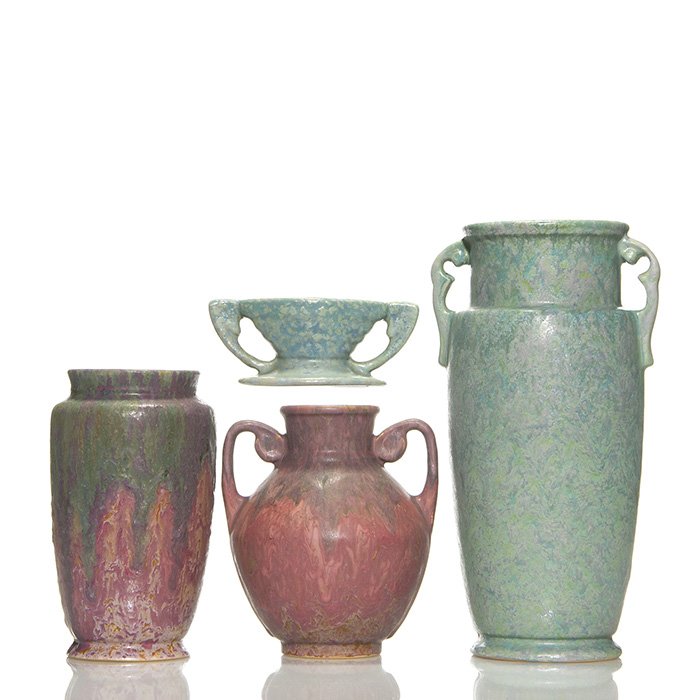 4 Carnelian II items, 3 vases, flower holder, 12 1/5”: Four Roseville Carnelian II items including mottled gray-blue vase, shape 325-12, a pink to green streaked vase, shape 315-8, a pink with some green vase, shape 311-7 and a gray-blue mottled flower ho