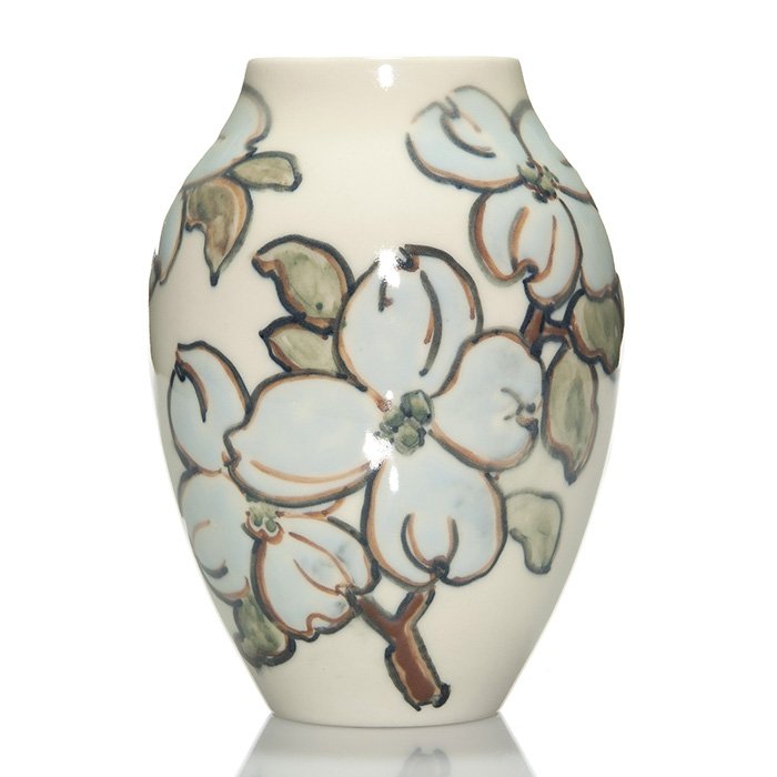 Rookwood Porcelain, dogwood, Barrett, 1944, 7 3/8”: Clean and colorful Rookwood Porcelain vase with dogwood decoration done by Elizabeth Barrett in 1944. Marks include the company logo, the date, shape number 604 D, the impressed notation “1 W” and