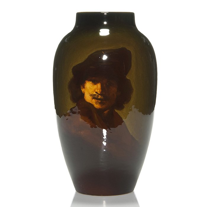 Rookwood Standard portrait, Young, 1902, 12 5/8”: Rookwood Standard glaze portrait of Rembrandt done in 1902 by Grace Young. Marks include the company logo, the date, shape number 900 A, a wheel ground X, the notation “After a Portrait of Rembrandt