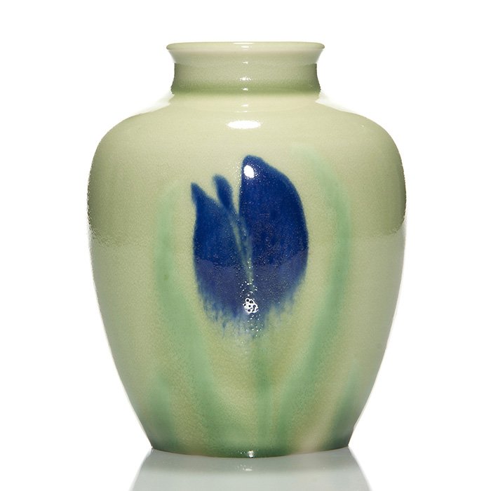 Rookwood Porcelain 6” vase, Holtkamp, 1952, S: Porcelain 6 inch vase with blue tulips against a soft green ground by Loretta Holtkamp on a Special shape vase thrown by Earl Menzel in 1952. Marked with the Rookwood symbol, date, an S for Special sh