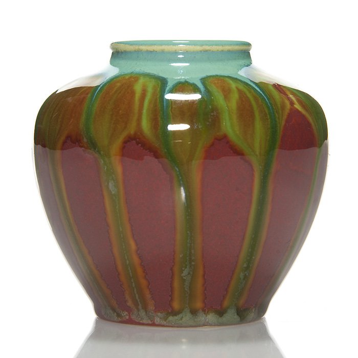 Rookwood Glaze Effect vase, 3”, 1932, #6307 F: Glaze Effect vase displaying a trio of glazes starting with red brown, a flow of green about the shoulder and finishing with turquoise at the rim. Height 3 inches. Impressed with the factory logo, 193