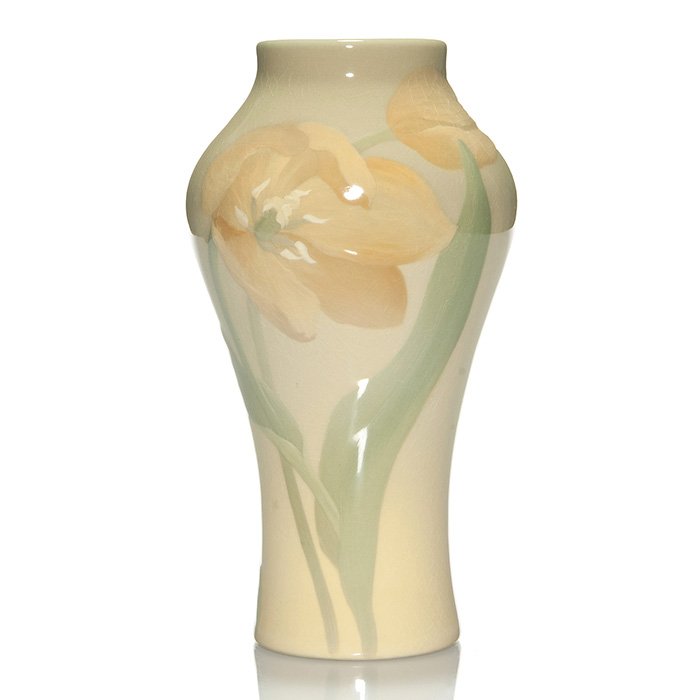 Rookwood Iris vase, tulips, Sax, 1901, 8 1/2”: Iris Glaze 8 1/2 inch vase decorated by Sara Sax in 1901 with two sinuous yellow parrot tulips with green stems and leaves against a nicely shaded pale yellow to pale olive ground. Marked with the Roo