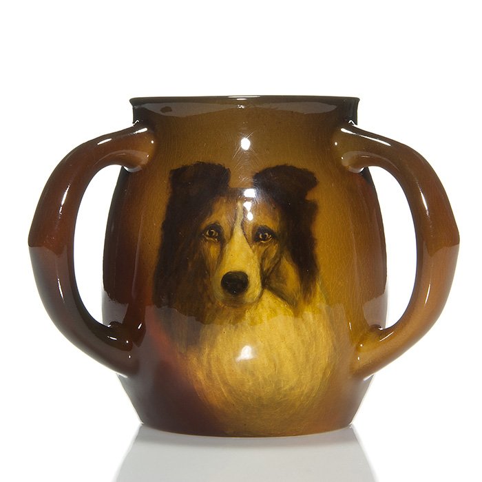 Rookwood Standard tyg, Collie, Hurley, 1901, 6 1/8”: Rookwood Standard glaze tyg with the pensive portrait of a collie painted in 1901 by E.T. Hurley. Hurley seems to have been the go-to guy for animal images at Rookwood, specializing in fish, sea horse