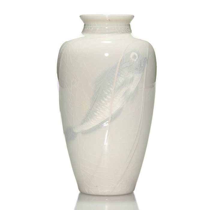 Rookwood Iris Glaze vase, fish, 5 3/4”, Wareham: Iris Glaze vase decorated with a solitary wide eyed fish ascending among a few thin reeds done by John Wareham in 1897. Marks include the company logo, the date, 614 F shape and the cypher of Mr. Ware