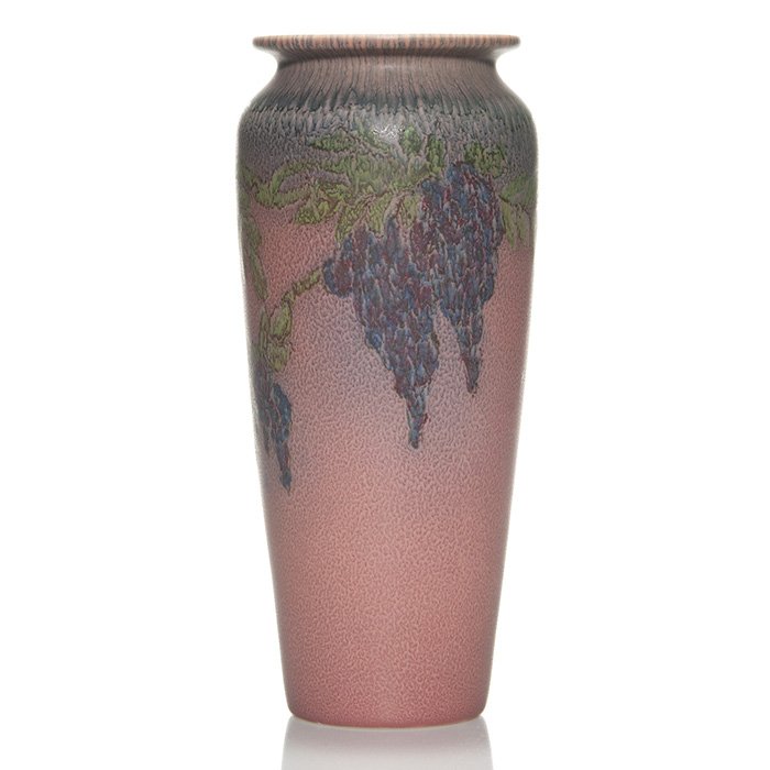 Rookwood Mat vase, wisteria, Tischler, 1924, 11 1/2”: Handsome Mat glaze vase with lots of wisteria painted in 1924 by Vera Tischler. Marks include the company logo, the date, shape number 2790 and the artist’s initials in black slip. Height 11 1/2 inc