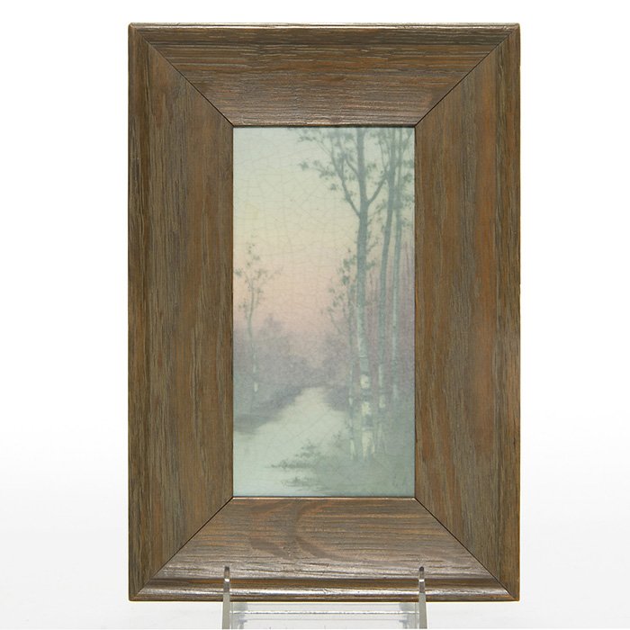 Rookwood Vellum scenic plaque, Asbury, ‘12, 7 1/2”: Rookwood Vellum glaze twilight scenic plaque decorated in 1912 by Lenore Asbury. Pictured are birch trees on either side of a small stream. Signed by the artist on the front and marked on the back wit