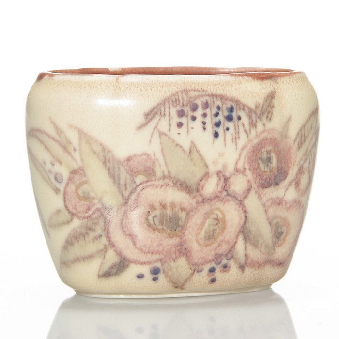 Rookwood Double Vellum floral, Epply, 1930, 3x4”: Rookwood Double Vellum oval vase with Art Deco floral sprays on either side done in 1930 by Lorinda Epply. Marks include the company logo, the date, shape number 6074, a fan shaped esoteric mark and E