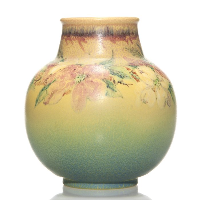 Rookwood Mat floral, Pullman, 1925, 2969, 7 1/2”: Nice Rookwood mat glaze vase with floral decoration consisting of a mixture of dogwood blossoms and wild roses done in 1925 by John Wesley Pullman. Done in shades of red, yellow, green and brown. the