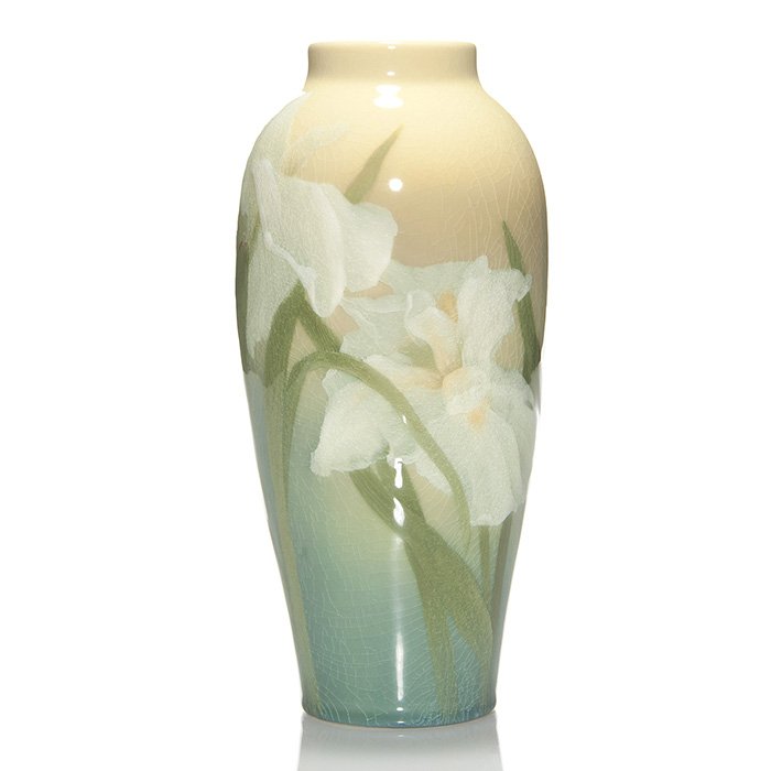 Rookwood Iris vase, floral, Sax, 1903,901 BB, 9 7/8”: Iris glaze vase decorated with a pair of white irises, the work of Sara Sax in 1903. Marks include the Rookwood logo, date, shape 901 BB, an incised W for White (Iris) glaze and the artist’s impress