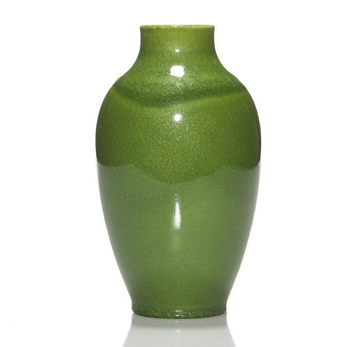 Rookwood Aventurine vase, 1954, Menzel, 7 1/8”: Frothy Rookwood Aventurine glaze vase done in 1954 by Earl Menzel. The vase is loaded with crystals, some of which can be felt around the shoulder. Marks include the company logo, the date, S for Spec
