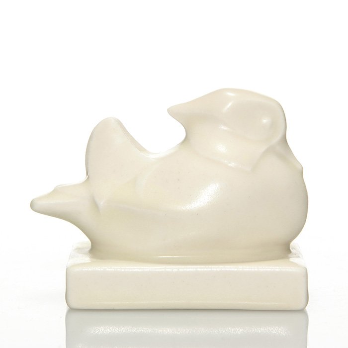 Rookwood “Mandarin Duck” paperweight,Ivory,2 3/8”: Rookwood Mandarin Duck paperweight, an Arthur Conant design, cast in 1933 and covered with the Ivory Mat glaze. Marks include the Rookwood logo, date and shape 6409. In excellent original condition wi