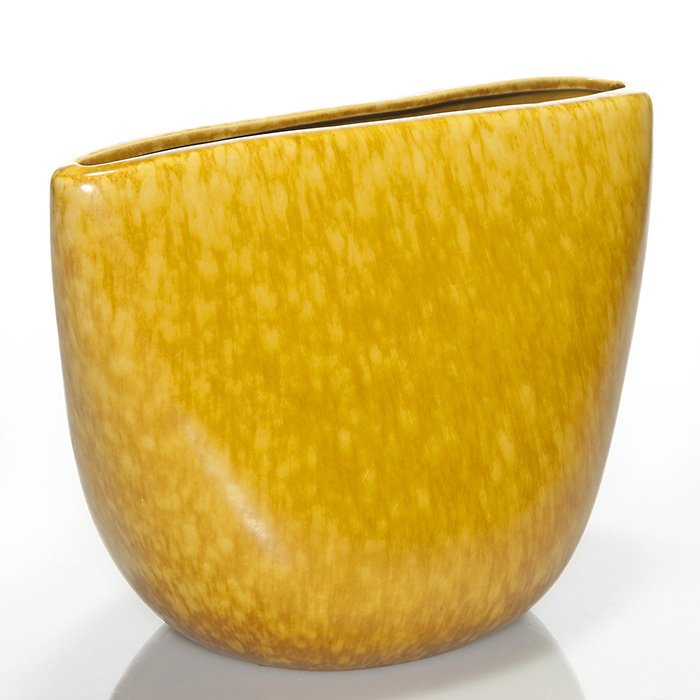 Roseville Raymor vase, gold, 63-7”, 7 1/4”: Roseville Raymor vase, shape 63-7”, in gold. Marked on the bottom Raymor Modern Artware by Roseville U.S.A. 63-7”. There is fine overall crazing. Height is 7 1/8 inches.