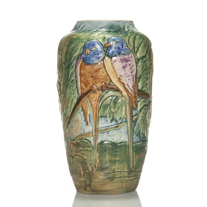 Weller Glendale vase, parakeets, 8 3/4”: Weller Glendale vase with two brightly colored parakeets. Marked on the bottom with a number 2 in orange crayon and having an original Weller Ware paper label. There is fine overall crazing. Height is