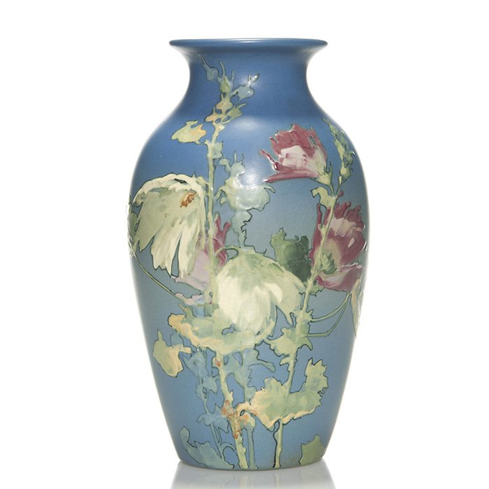 Weller Hudson “Rose-o-Sharon”, Timberlake, 12”: Weller Hudson vase decorated with white and red “Rose-O-Sharon”, the work of Mae Timberlake who has signed the piece in black slip near the base. Marked on the bottom with the Weller full-kiln ink