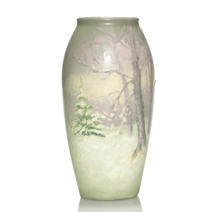 Weller Hudson snow scenic vase, Timberlake, 7”: Weller Hudson vase decorated with a very pleasing snow scene, the work of Mae Timberlake who added her signature on the back of the piece in light green slip. Marked on the bottom with the Weller half