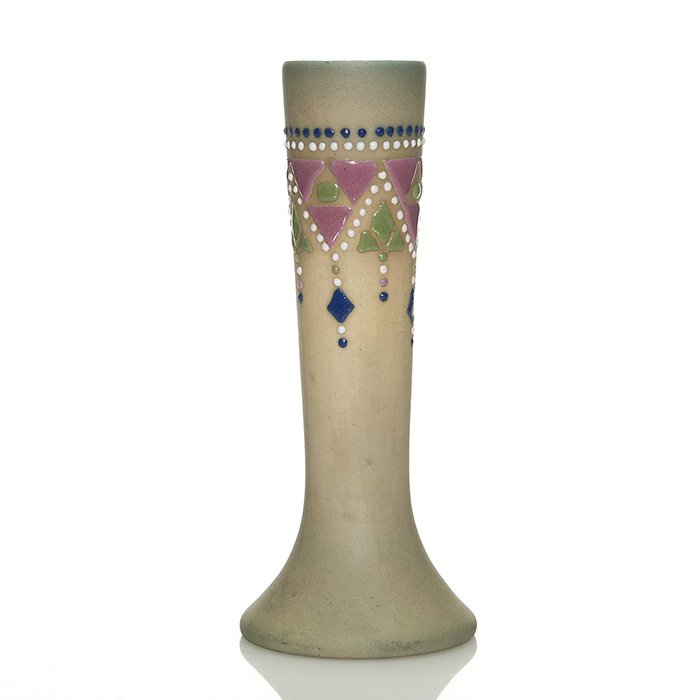 Brush-McCoy Jewel vase, shape 0141, 7 7/8”: Brush-McCoy Jewel bud vase marked with shape number 0141 standing 7 7/8 inches. tall. In excellent original condition.