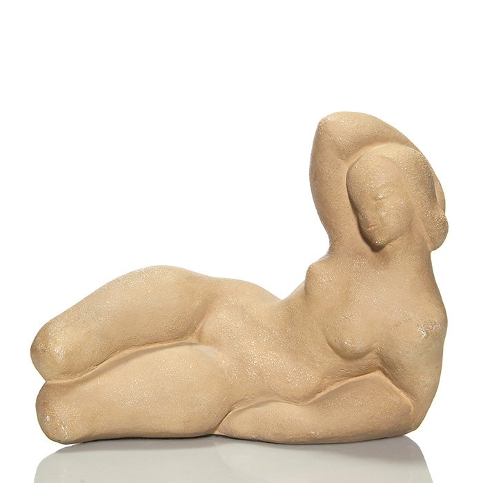 Waylande Gregory reclining nude statue, 12 1/2": Waylande Gregory statuary, an authorized museum reproduction of a reclining nude covered in a natural flesh glaze with sandy texture. Measures 12 1/2 inches by 14 1/2 inches in length. Incised “W. G