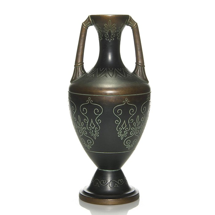 Norse handled urn, scroll design, 13 1/2”, marked: Norse handled and footed urn with chevrons and scrollwork highlighted in verdigris with bronze highlights. Height 13 1/2 inches. Impressed “Norse 1” beneath. Teensy nicks on top of base.