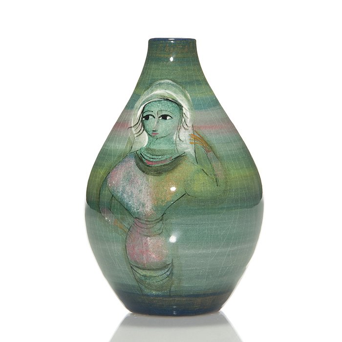 Polia Pillinvase, Woman and Dancer, 5 3/4”: Polia Pillin 5 3/4 inch vase colorfully decorated with a dancer, a woman and a flower. Marked Pillin on the bottom in black slip. There is fine overall crazing and a tiny nick at the rim.