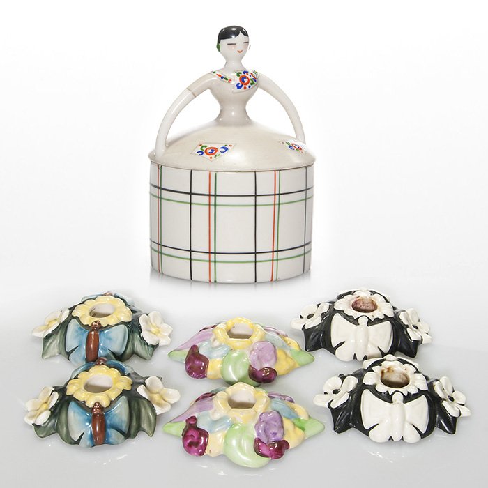 Fulper 2 piece porcelain box,3 sets candle holders: Fulper Pottery porcelain powder box with female figural lid decorated in various high glaze colors. The lid is unmarked but box is marked on the bottom “Pat.Pend.” stamped in black, “10” and t