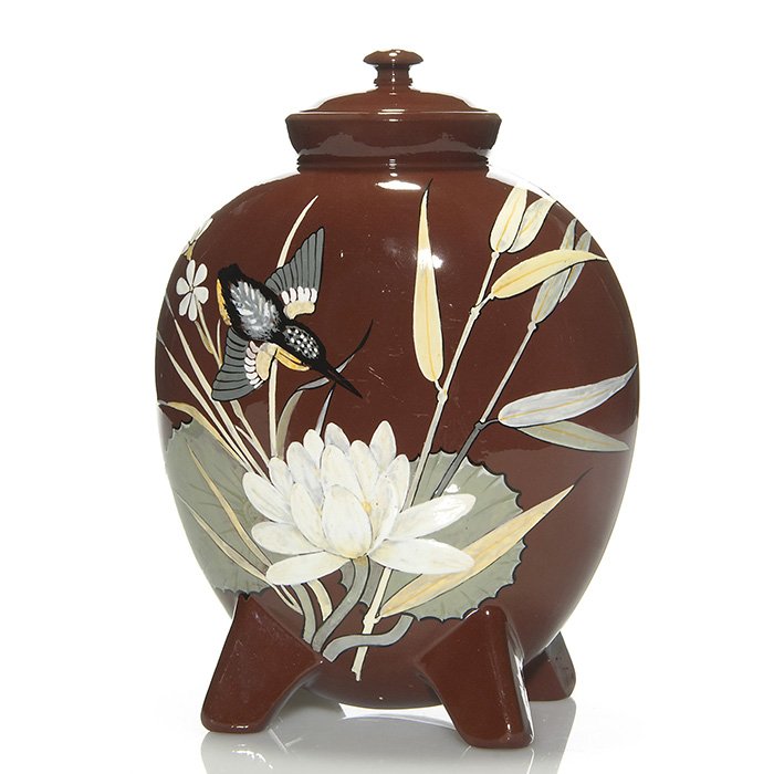 Minton covered vase, footed, 11 1/2”: Nice Minton’s Art Pottery Studio earthenware lidded vase with slip decoration done, circa 1875. Pictured on the front is a colorful kingfisher diving toward a large lotus with other flowers and stem