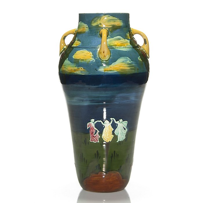 Wardle scenic vase, Rhead influence, 11 7/8”: Handsome Wardle & Company vase showing the influence of Frederick Hurten Rhead. The four handled vase has several varieties of decoration including painting, slip trailing and sprigging. Tall fruit be