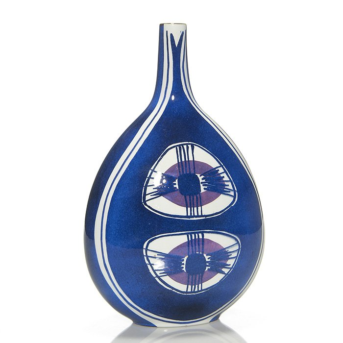 Royal Copenhagen decorated vase, 11 1/4”, marks: Royal Copenhagen bottle vase hand decorated with cobalt blue and maroon designs front and back. Height 11 1/4 inches by 7 inches across. Gold stamped Denmark with bee hive logo. Hand marked “148/274