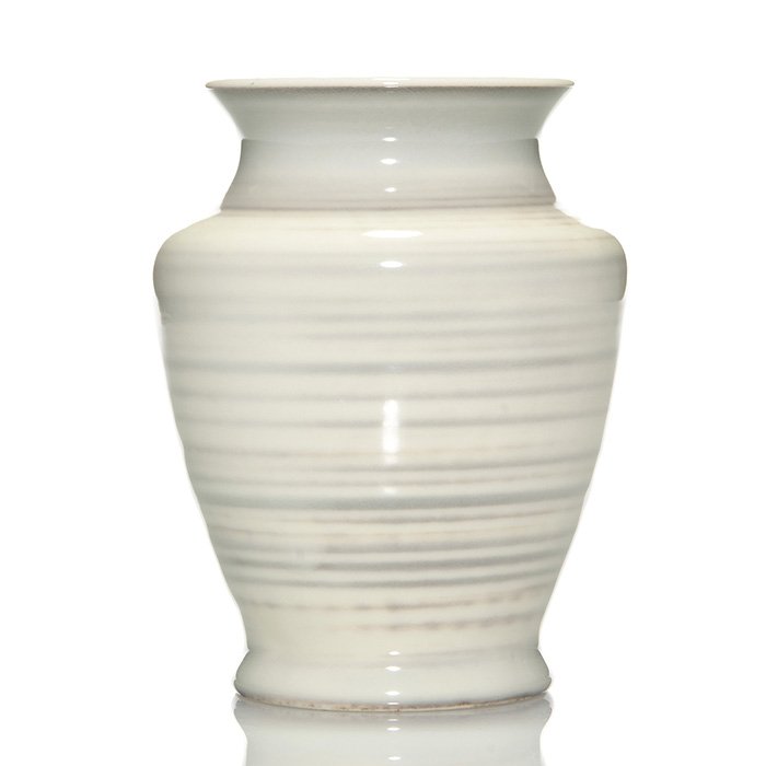 Rookwood porcelain, Menzel,1953, circles, 6”: Clean Rookwood porcelain vase decorated with concentric circles by Earl Menzel in 1953. Marks include the Rookwood logo and date, S for Special shape, Menzel’s whorl mark and his incised monogram. H