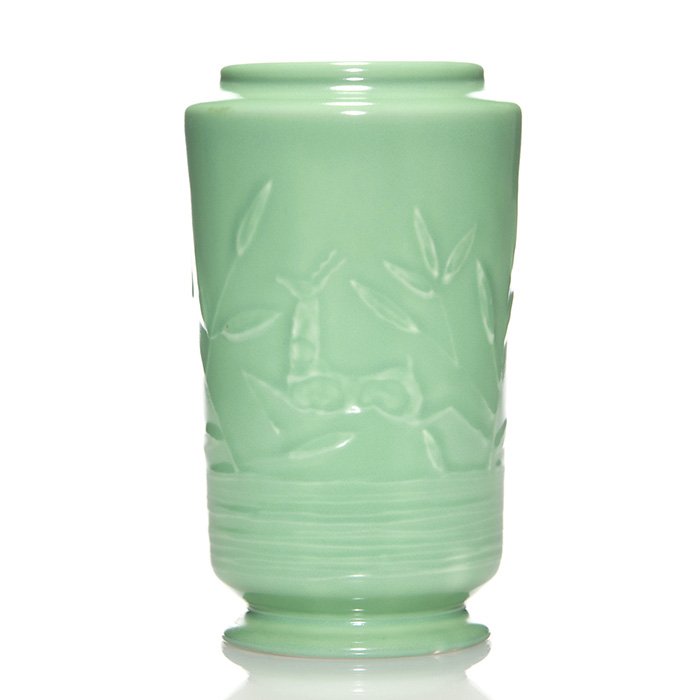 Kenton Hills lamp vase, leaping deer, leaves, 9”: Kenton Hills Porcelain lamp vase cast with a trio of leaping deer among foliage branches under a Jade Green glaze, a William Hentschel design. Height 9 inches. Impressed with the Kenton Hills logo, 11