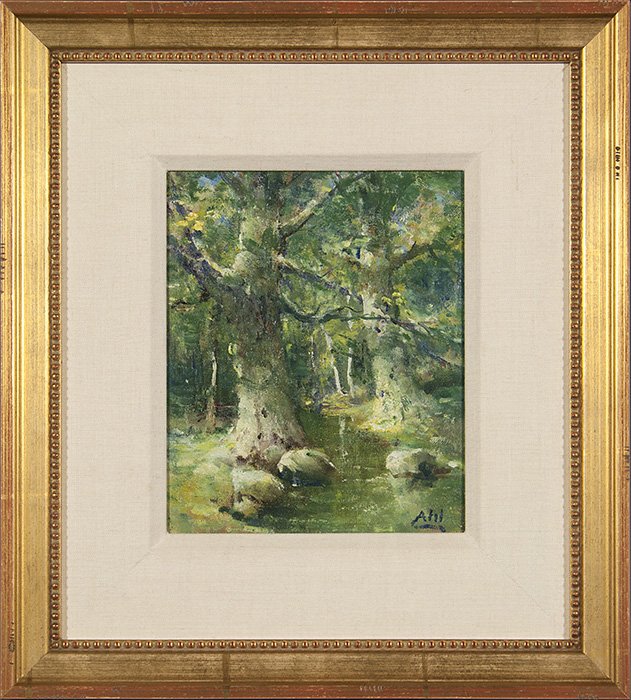 Henry Hammond Ahl O/B, beech trees, 9 1/8x7 5/8”: Henry Hammond Ahl (American, Massachusetts and District of Columbia, 1869-1953) oil on canvas board, a colorful view of beech trees in a dense woods with a small stream running through. Ahl studied at