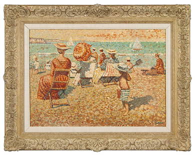 Yvonne Canu pointillist O/B, beach scene, 18x24”: Yvonne Canu (French 1921 to 2008) oil on board pointillist painting of fashionable people on the beach including a young lad with pail and sand bucket, seeming ready to swat one of the seated ladies.