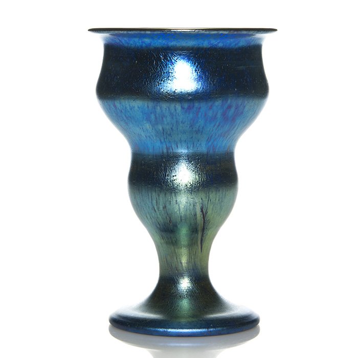 Large Loetz cobalt Papillon vase, 9”: Large Loetz cobalt Papillon vase reflecting strong golden highlights. Measures 9 inches by 5 5/8 inches across the rim. Factory wrinkle on the side. Wonderful shape. Excellent original condition.