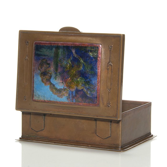 Frank J. Marshall enamel box, scene, 2 1/2” X 6 3/4”: Fine Arts and Crafts enameled copper box by Frank J. Marshall. The hinged dome lid features an enamel and tooled foil inset of a beautiful moonlit scene of trees beside a stream, flanked by decorative