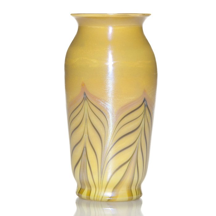 V. Durand vase, pull feather, 7 1/4”, signed: Victor Durand vase displaying olive green feathers with aurene gold pulled from the base over a golden mustard yellow. Height 7 1/4 inches. Engraved “V Durand, 1200-1” in the pontil. Excellent ori