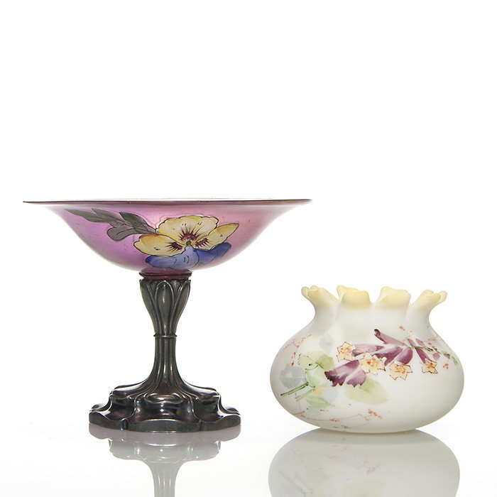 2 Mt Washington: Sissor cut vase + Napoli compote: Two Mt. Washington. 1) Miniature Napoli compote with pansies, fitted into a marked Pairpoint quad plated standard, 4 inches by 5 1/2 inches. Teensy rim nicks. 2) Scissors top pouch vase with trumpet f