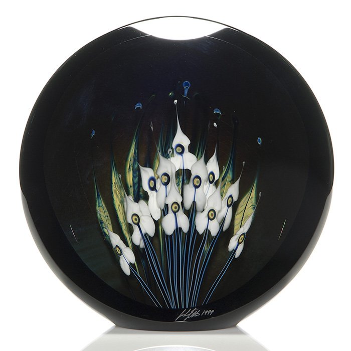 Rare John Lotton Obsidian sculpture, 1999, 10”: Rare John Lotton Obsidian sculpture, actually a nearly round ball that has been ground flat on the front to allow a view of several layers of flowers inside. Done in 1999 this form is one of seven pro