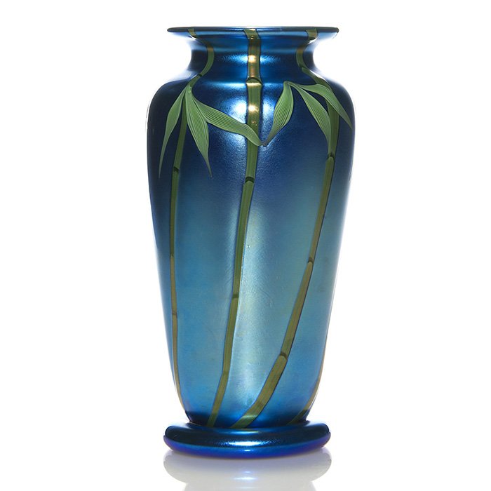 Orient & Flume “Bamboo” vase, 9 3/4”, Sillars: Orient & Flume “Bamboo” vase steadied upon an unusual bun base created by Bruce Sillars. Height 9 3/4 inches. Engraved “Orient & Flume, Sillars” with registration number. Company sticker and p