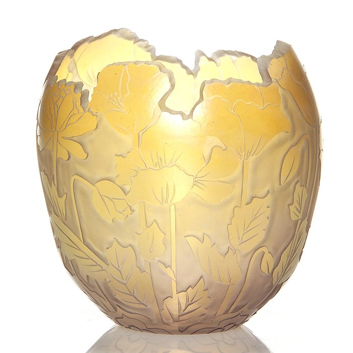 Orient & Flume carved vase, poppies, K. Orme, 5”: Early Orient & Flume light amber vase carved with stands of poppy blossoms by Kathy Orme. Irregular cut rim. Height 5 inches. Engraved “Orient & Flume, C 1977, K Orme” below. Nice aurene gold with