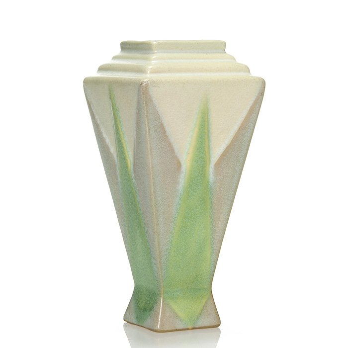 Roseville Futura Torch vase, 6 1/4", shape 380-6": Roseville Futura Torch vase, shape 380-6". Unmarked. There are a couple of tiny nicks at the base. Height is 6 1/4 inches.