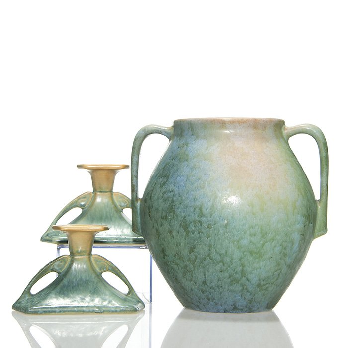 3 Roseville Earlam, pr candleholders,vase 7" (1 of 1)