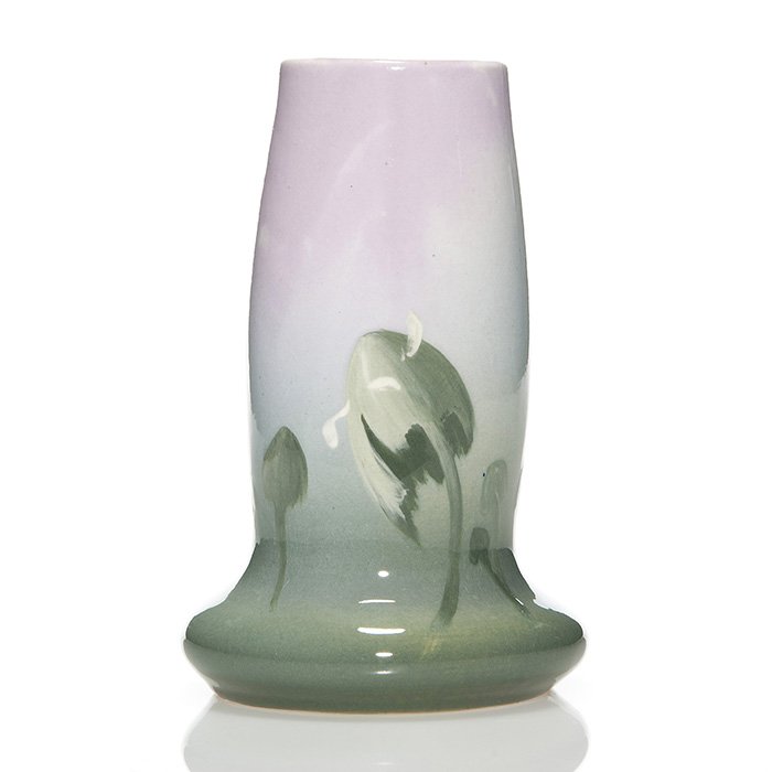 Owens Lotus vase, mushrooms, 7 3/4": Owens Lotus vase with mushroom decoration. Impressed Owens Lotus 227 on the bottom. Height 7 3/4 inches. Fine overall crazing, a pin head size glaze nick at the bottom and a dark line at the rim, most