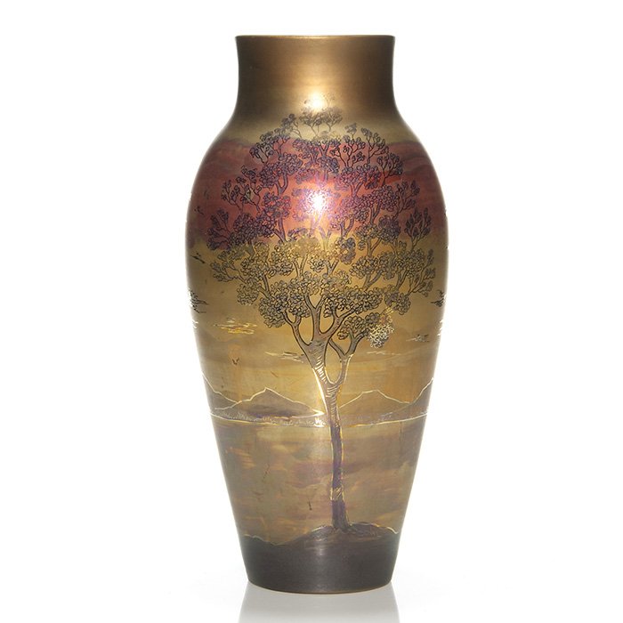 Le Camark scenic vase by Mrs. Lessell: Rare Le-Camark scenic vase in gold lustre made in Camden, Arkansas most likely by Jennie Lessell, widow of John. The Ohio-Arkansas connection occurs when Jack Carnes, owner and originator of Camden Ar