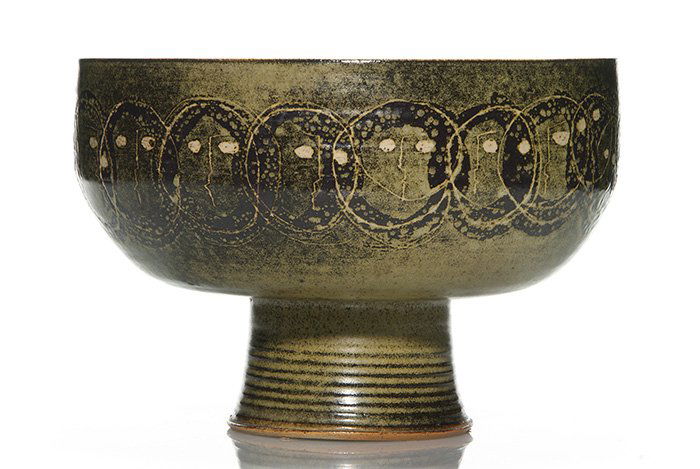 Brother Thomas Bezanson large bowl, faces, 7 7/8": Large footed bowl with a band of incised faces encircling the piece, the work of Brother Thomas Bezanson sometime between 1959 and 1965. Incised on the bottom Benedictine Monks, Weston Vermont, and ha