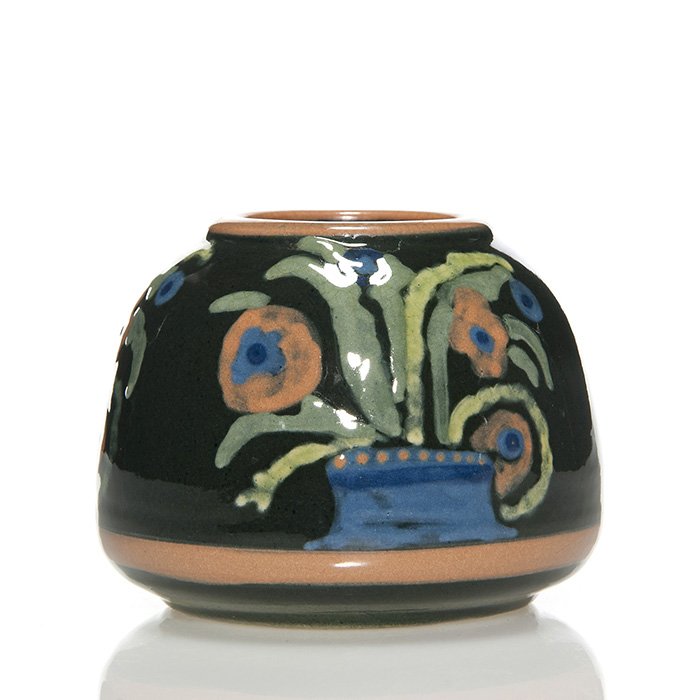 UND decorated vase, Mattson, 2 3/4": UND vase with colorful high glaze floral decoration done by Julia Mattson. Marked on the bottom with the circular UND ink stamp and incised on the bottom 18, Mattson's monogram and 2735. There is fain