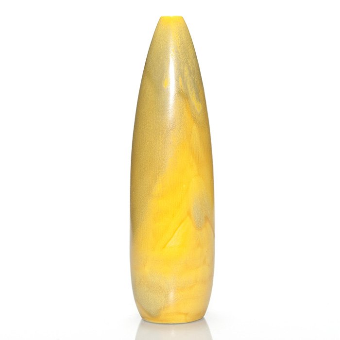 Pillin yellow vase, Polia and William, 12 1/2": William and Polia Pillin 12 1/2 inch bottle vase covered in a mottled yellow high glaze. Incised on the bottom M + P Pillin. Excellent original condition.